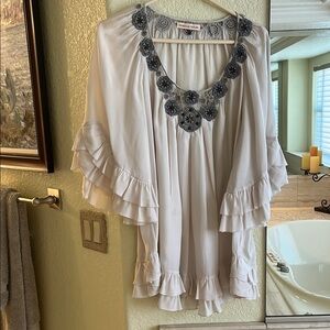 Rebecca Taylor silk Cream Relaxed Ruffled Blouse with beautiful embellishments